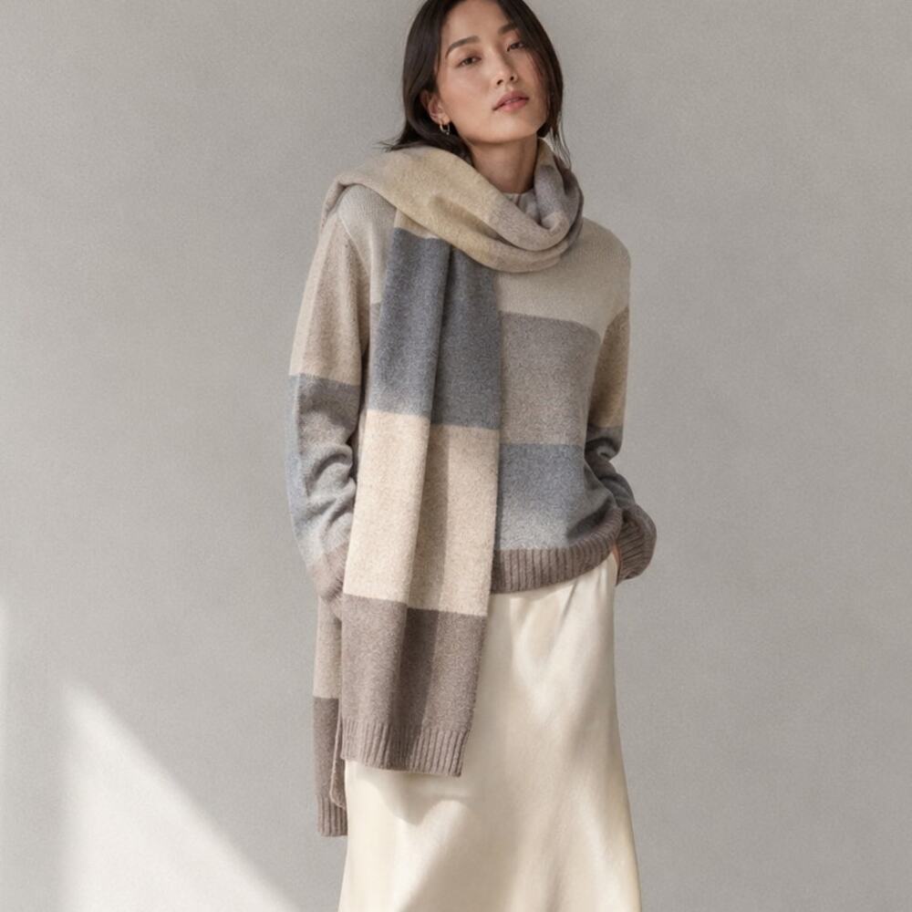 Loro Piana Cashmere Knit Set Crewneck Sweater XS & Long Scarf Beige Gray Taupe